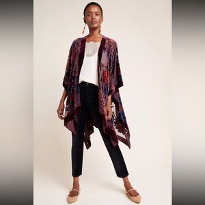 Anthro Saachi Velvet Burnout Kimono Duster Floral Boho Burgundy One Size NWT